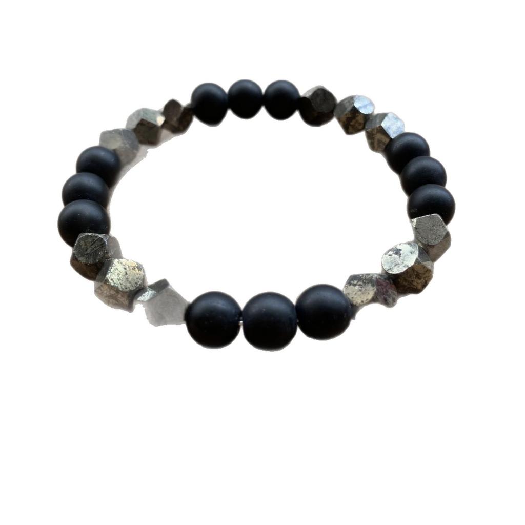 Faceted Chalcopyrite and Black Agate Bracelet