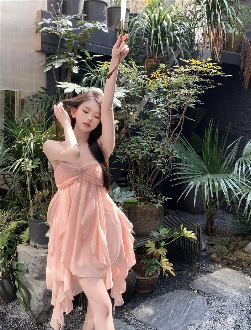 Pure Desire 2026 Chiffon Camisole Dress: Women s Summer Ruffle Cake Skirt One Size розовый