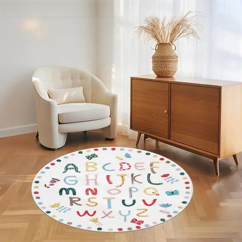 Alfombra Redonda de Felpa con Flores y Letras ABC de Colores para Niños, Tapete de Juego Educativo Antideslizante para Guardería, Habitación Escolar, Cubierta de Piso Divertida Educativa