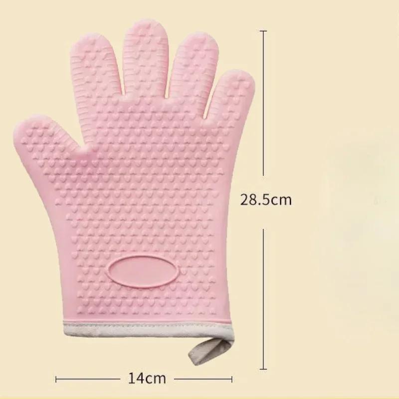 1 Pair Anti Scalding Insulated Oven Gloves Kitchen Microwave Oven Baking Mitts Thickened Five Finger Heat-proof Silicone Gloves
