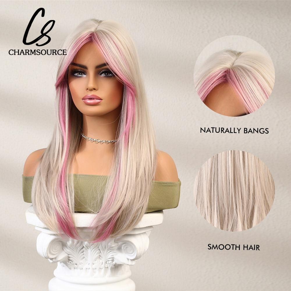 Gemischte hellblonde und rosa Perücke, lange gewellte Perücken mit Pony für Frauen, synthetische Perücke, Cosplay, tägliches hitzebeständiges Haar