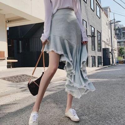 Summer Fashion Lace Irregular Elegant Long Skirts Women High Waist Solid Ruffles A Line Women's Skirt Vintage Slim Fit Casual Ladies Skirts 26008