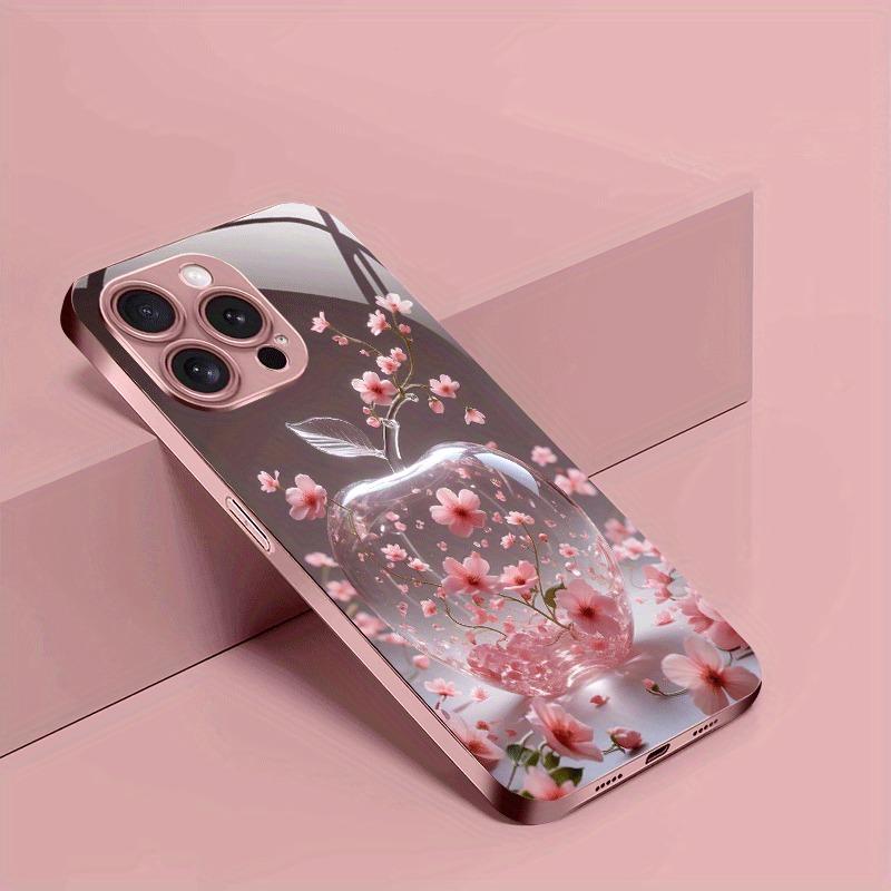 Cherry Blossom For Apple Pattern Pink Metal Paint Tempered Glass Case For iPhone 17 16 15 14 13 12 Pro Max Plus 16E 17Air Cover