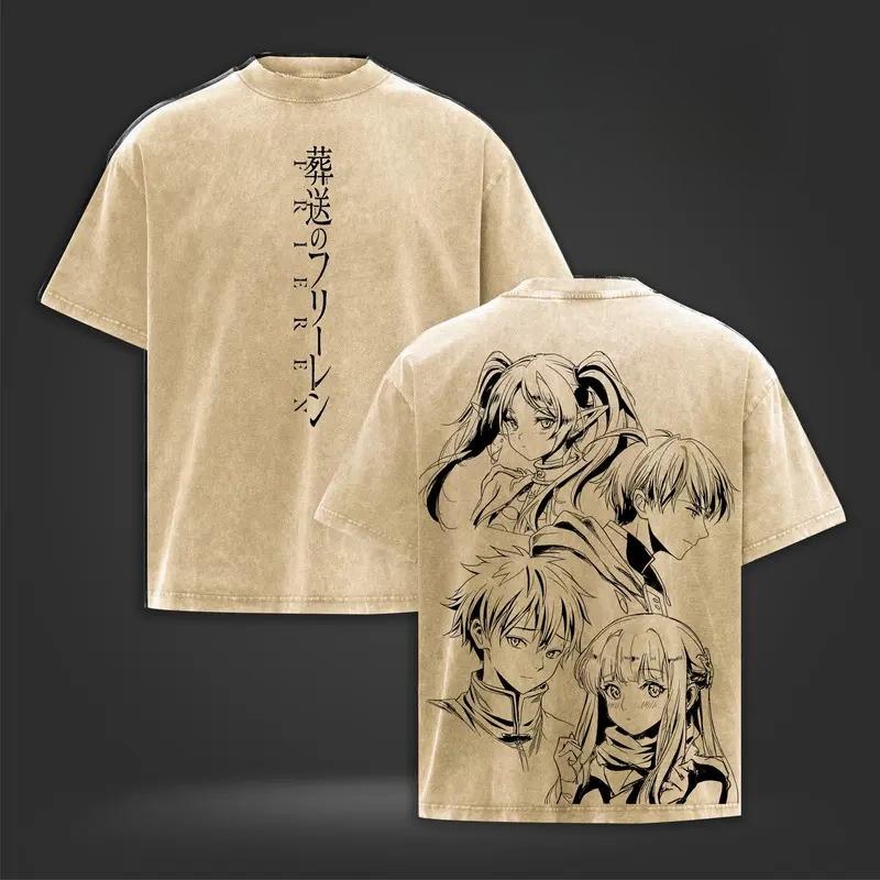 Frieren Beyond Journey's End Anime Clothing Men Women Oversized T-shirts Washed T Shirt Vintage Cotton Tshirt Harajuku Tops