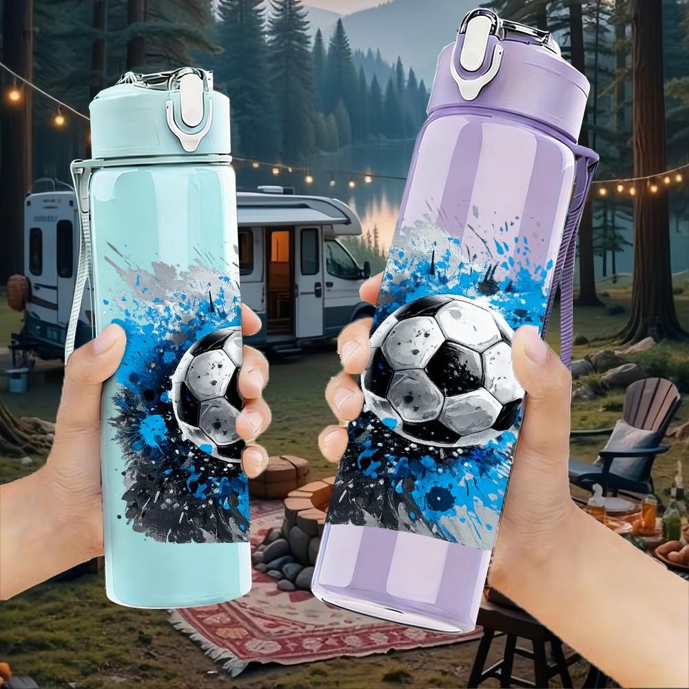 1PC Blue Splash Soccer Ball Art Print 750ml Color Plastic Sports Water Bottle Leakproof Flip Straw Lid Suitable for Sports Office Home Use