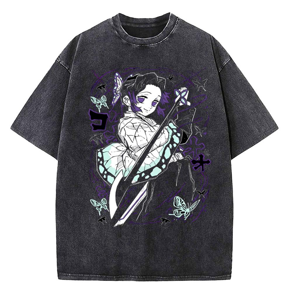 Harajuku Demon Slayer Grafik T-Shirt Herren Vintage Anime Gewaschene T-Shirts für Damen Streetwear Sommer T-Shirts T-Shirt