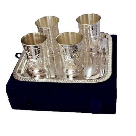 Silver Plated Embossed Glass Tumbler Water Glass for Drinking Water | Pack of 5 | Royal Look Red Velvet Box | Best for Gifting in Any Occasion