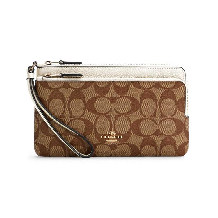 New COACH Double Zip Wallet Leather Card Holder, Clutch Wallet Medium Size Women's Saddles Brown Monogram & White C5576-IMDJ8