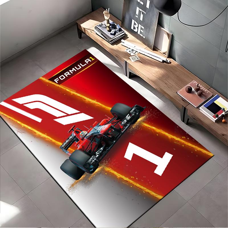 F1 Racing Area Rug, Formula 1 Red Race Car Fire Sparks Logo Print, Motorsport Fan Garage Decor, Non-Slip Mat