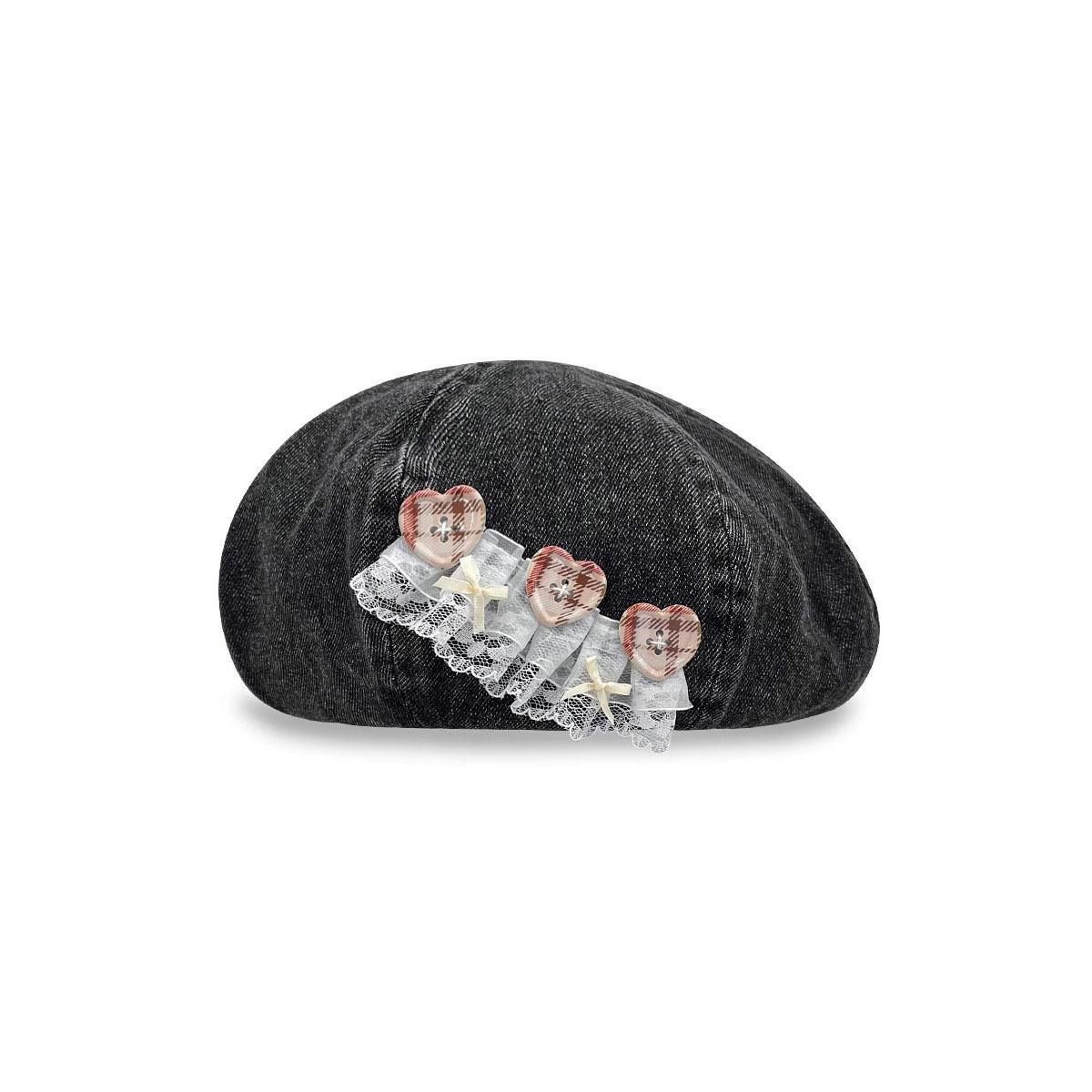

Women s Beret with Lace Trim And Heart-Shaped Buttons Spring/Summer Artist Hat Fashionable Stylish Cap for Ladies One Size чорний