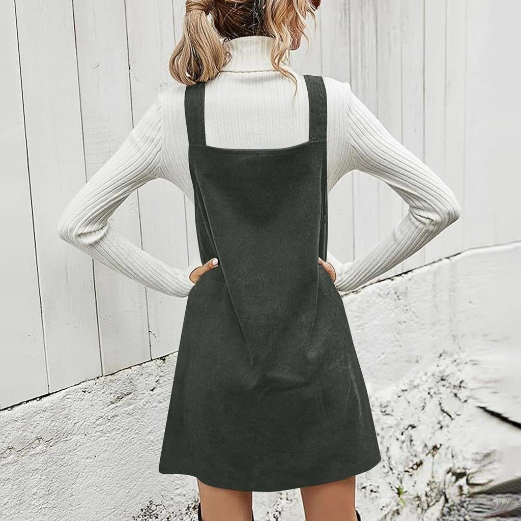 Ladies' Loose Casual Slimming V-neck Color Corduroy Fashionable Shoulder Strap Skirt