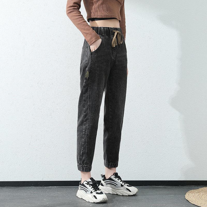Jeans für Damen Frühling und Herbst Neue koreanische Edition Lockerer elastischer Bund Eng anliegende Neun-Punkte-Harems-Hose für Damen