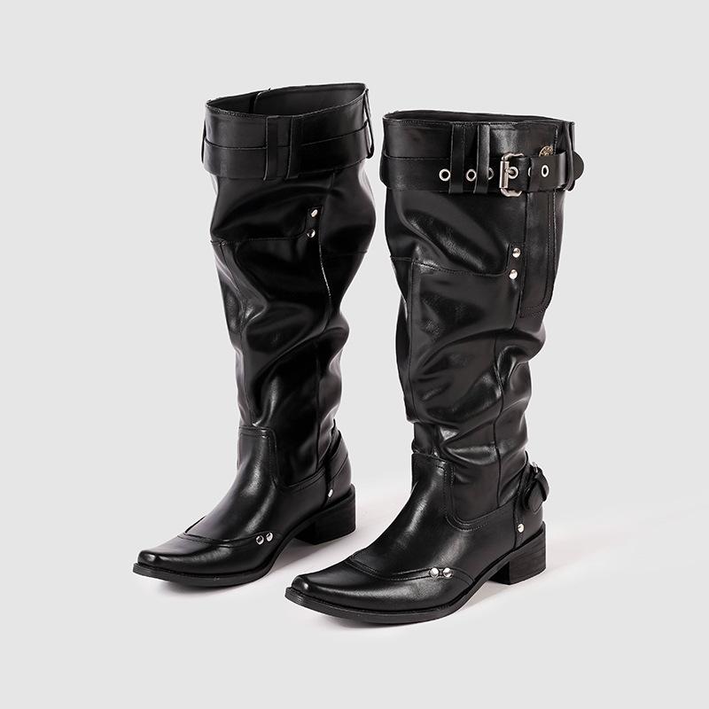 Niche Design Rear Zipper Pointed Big Tube Circumference High Heel Stacking Boots Retro Western Cowboy Boots Thick Heel Boots Women