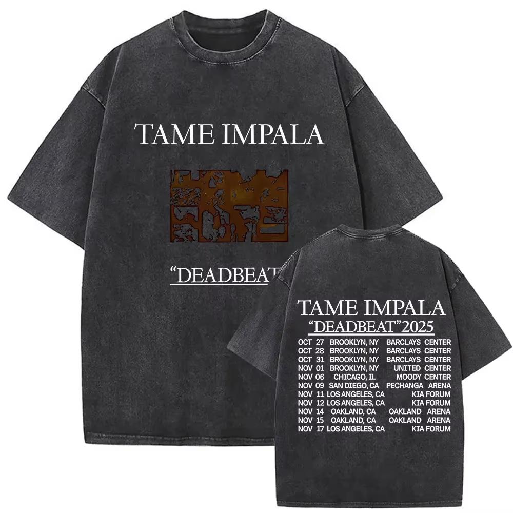 Tame Impala Tour Album Vintage Washed Tshirt Mens Hip Hop Gothic Tshirts Casual Oversized Short Sleeve T Shirt Streetwear