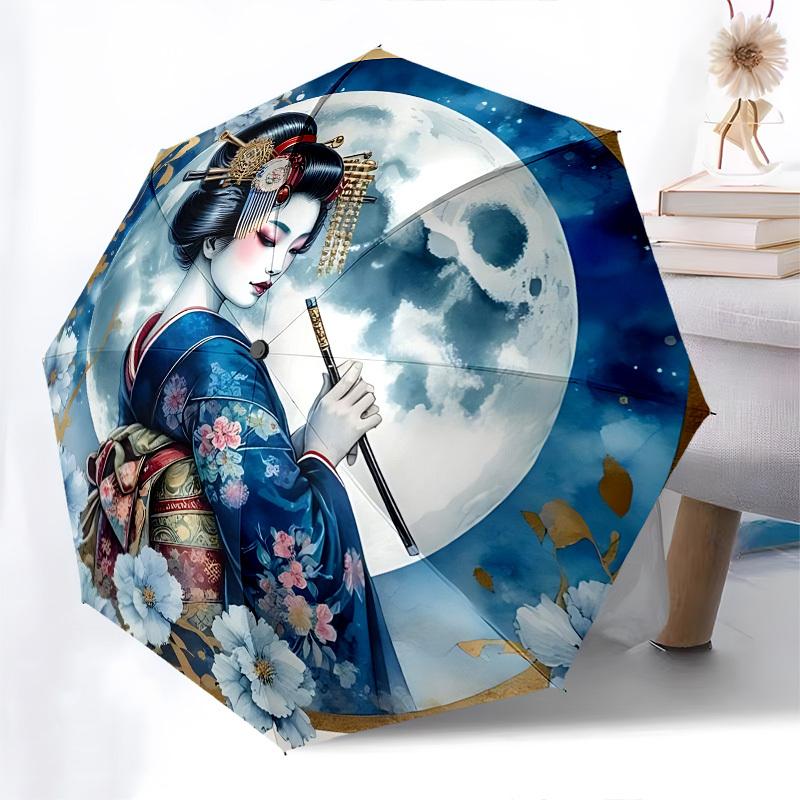 Geisha, Moonlit Night Themed Automatic Opening and Closing Umbrella, Brightly Colored 8 rib Portable Umbrella, Suitable for Men and Women, A