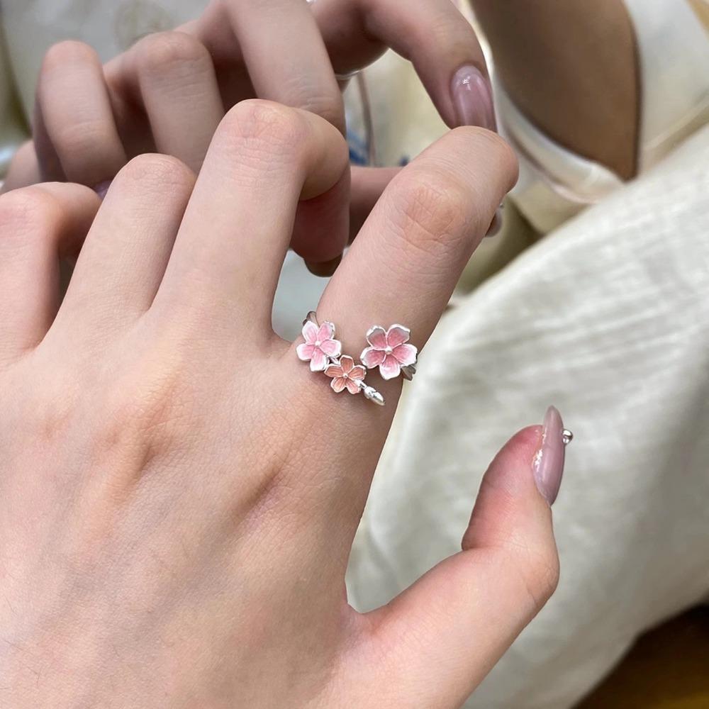 New Chinese-Style Enamel-Colored Cherry Blossom Openable Adjustable Rings For Women Sweet Temperament Stainless Steel Jewelry