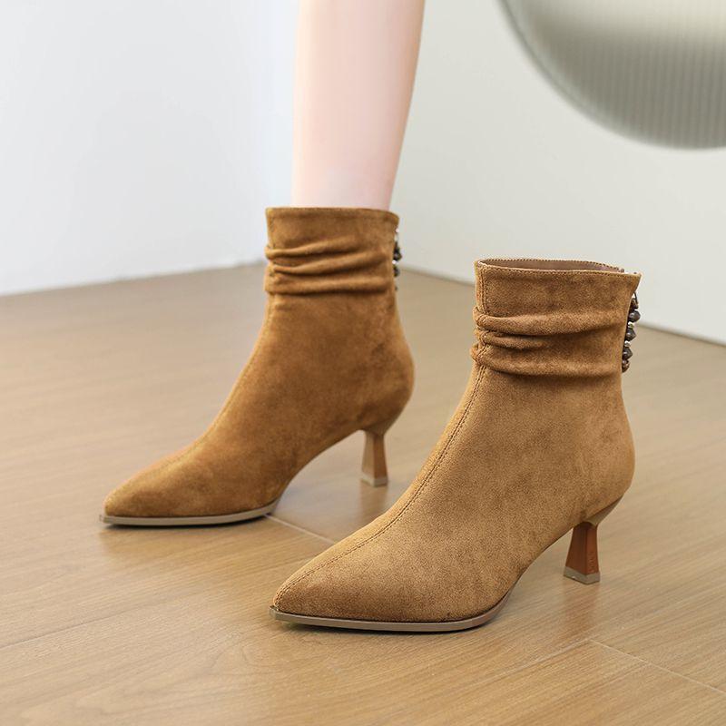 Gentle and fashionable pointed suede high-heeled short boots women's 2025 new pleated piled boots temperament thin heel thin boots