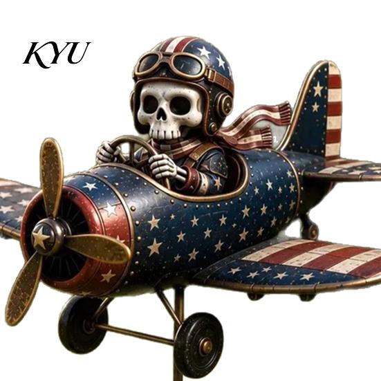 Unique Cemetery Decoration Metal Skeleton Pilot Airplane Wind Spinner with Ground Stake, Vintage American Flag Garden Halloween Stake Yard Rustic Iron