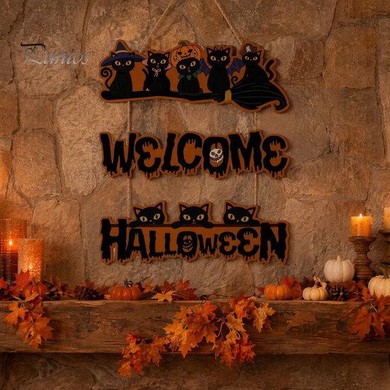 Elegant Natural Wood Sign Halloween Wooden Door Sign, Black Cats Broom Front Hanger, Rustic Nordic Style Hanging Welcome for Home Window Wall