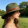 Women Jazz Hat Wide Brim Faux Leather Belt Decor Beach Straw Hat Adjustable Size UV Protection Foldable Summer Hat