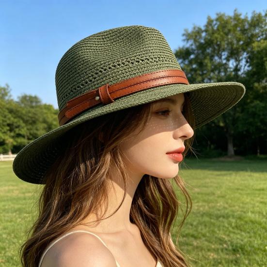 Women Jazz Hat Wide Brim Faux Leather Belt Decor Beach Straw Hat Adjustable Size UV Protection Foldable Summer Hat