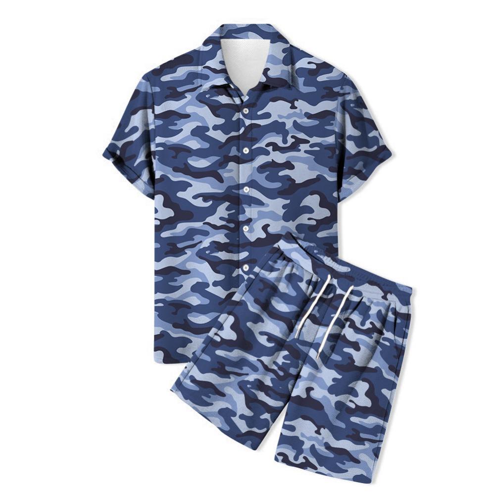 New Men's Camouflage Short Sleeved Shirt with Collar and Shorts 3D Leopard Print Hawaiian Beach Style