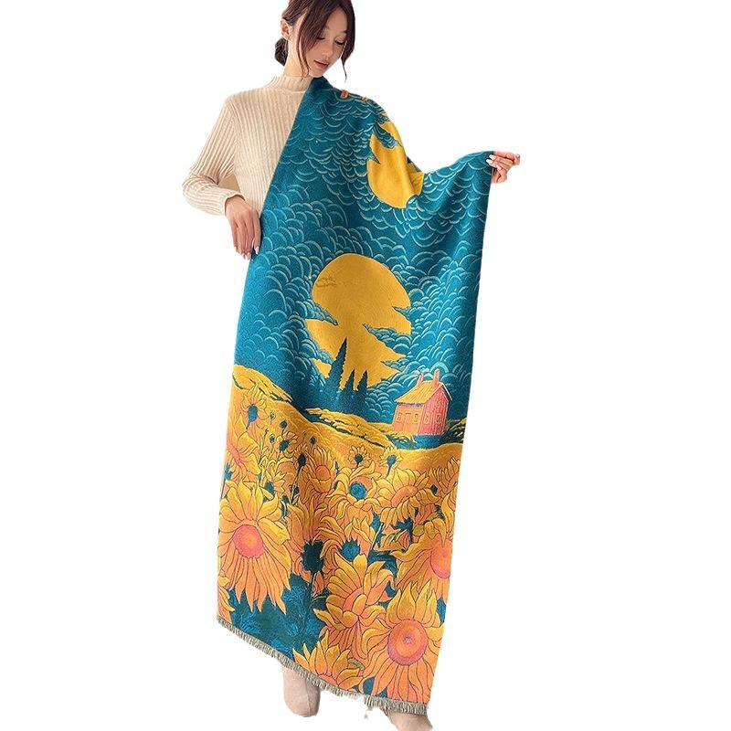 New Oil Painting Imitation Cashmere Scarf for Women Autumn and Winter Warm Fashion Design Shawl Thickened Versatile Scarf