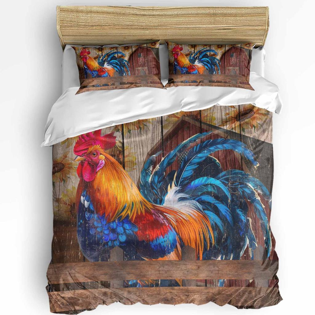 Husă de pilotă cu ilustrație retro de cocoș de fermă și față de pernă, set de lenjerie de pat personalizat cu 3 bucăți, husă de pilotă, pat dublu, textile pentru casă