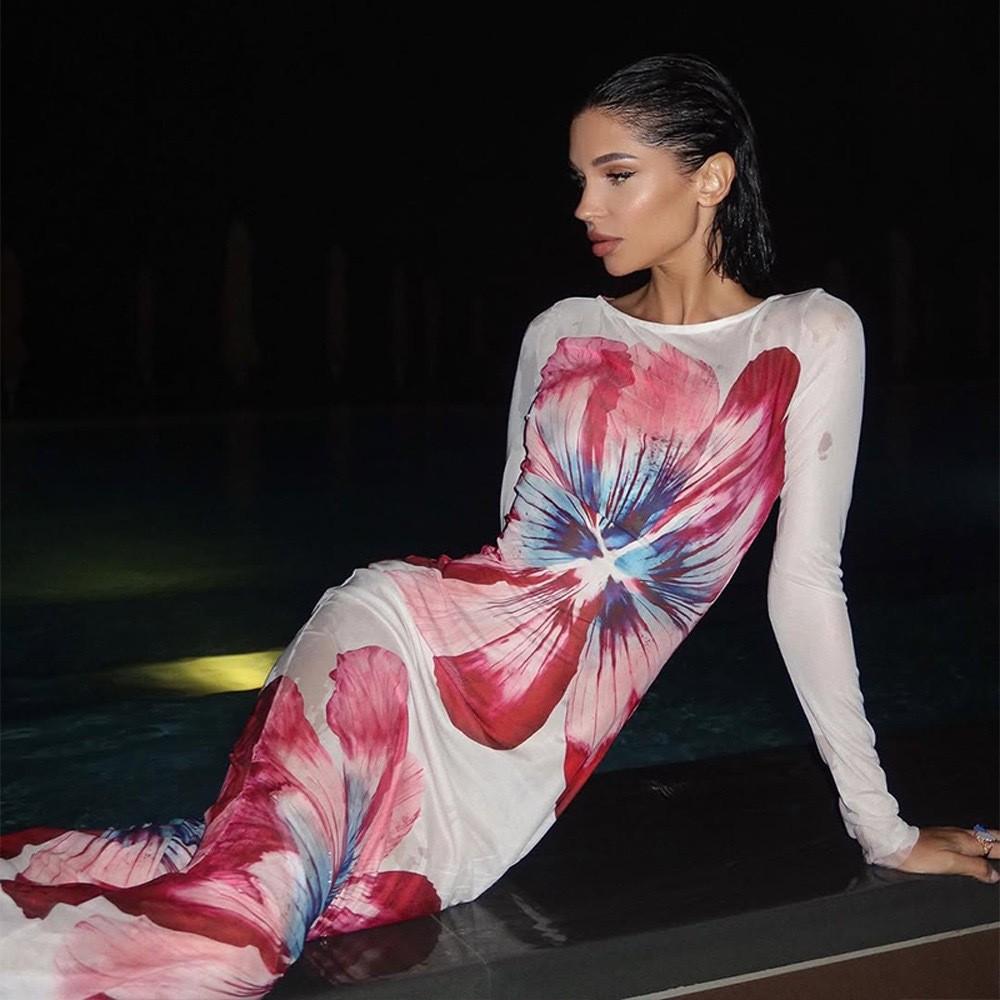 Summer Sheer Flower Print Long Sleeve Dress With High Waist For Teen Travel