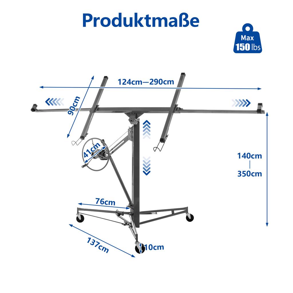 Drywall Lifter for Wall Panels and Ceiling Mounting: Load Capacity 68 kg, Height 140-335 cm Adjustable, Foldable, 3 Brake Wheels