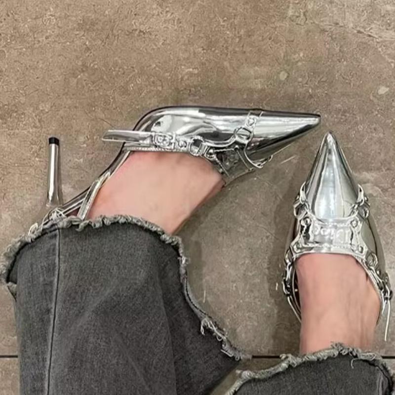 

New Designer High Heels Sandals Women Shoes Summer 2024 Pointed Toe Party Ladies Shoes Silver Buckle Strap Female Pumps