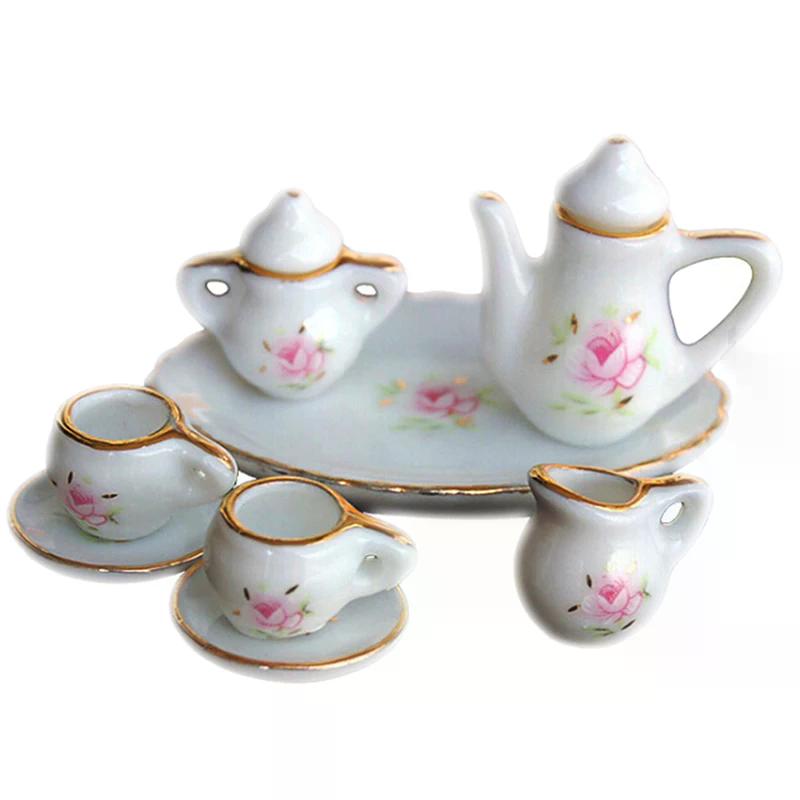 8pcs 1/12 Dollhouse Miniature Dining Ware Porcelain Tea Set Dish Cups - For Dollhouse Decoration