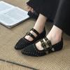 Fashion New Style Women's Fashion Shoes Flats Leather Rhinestone Ballet Shoes for Women Flat Straight Strap Retro Mary Jane Single Shoes
