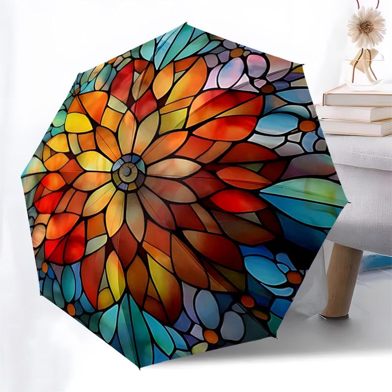 

1pc Stained Glass Mandala Design Automatic Opening Folding Umbrella - Portable 3-Fold Design with 8-Bone Iron Frame, Outdoor, Festive Gift for Fans, T
