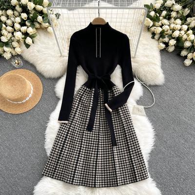 Autumn Winter Women's Knitting Sweater Dress Fashion Lady Knitted Spliced Plaid High Waist Pullover A-line Dresses