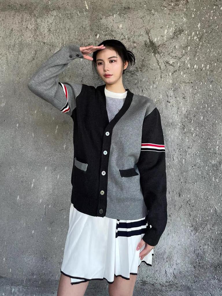 Autumn/Winter Unisex Double Sleeve Cotton Cardigan – Red, White & Blue Color Block with Five Buttons