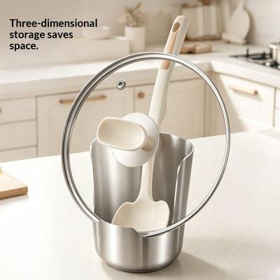 2-in-1 Stainless Steel Kitchen Utensil Holder Rack Heatproof Spoon Rest Pot Lid Stand for Home Cooking Storage Organizer