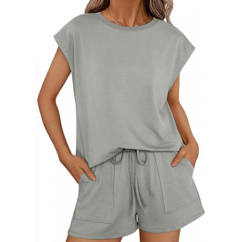 Women Spring Summer New Crew Neck Loose Short Sleeve Two Piece Outfit Set