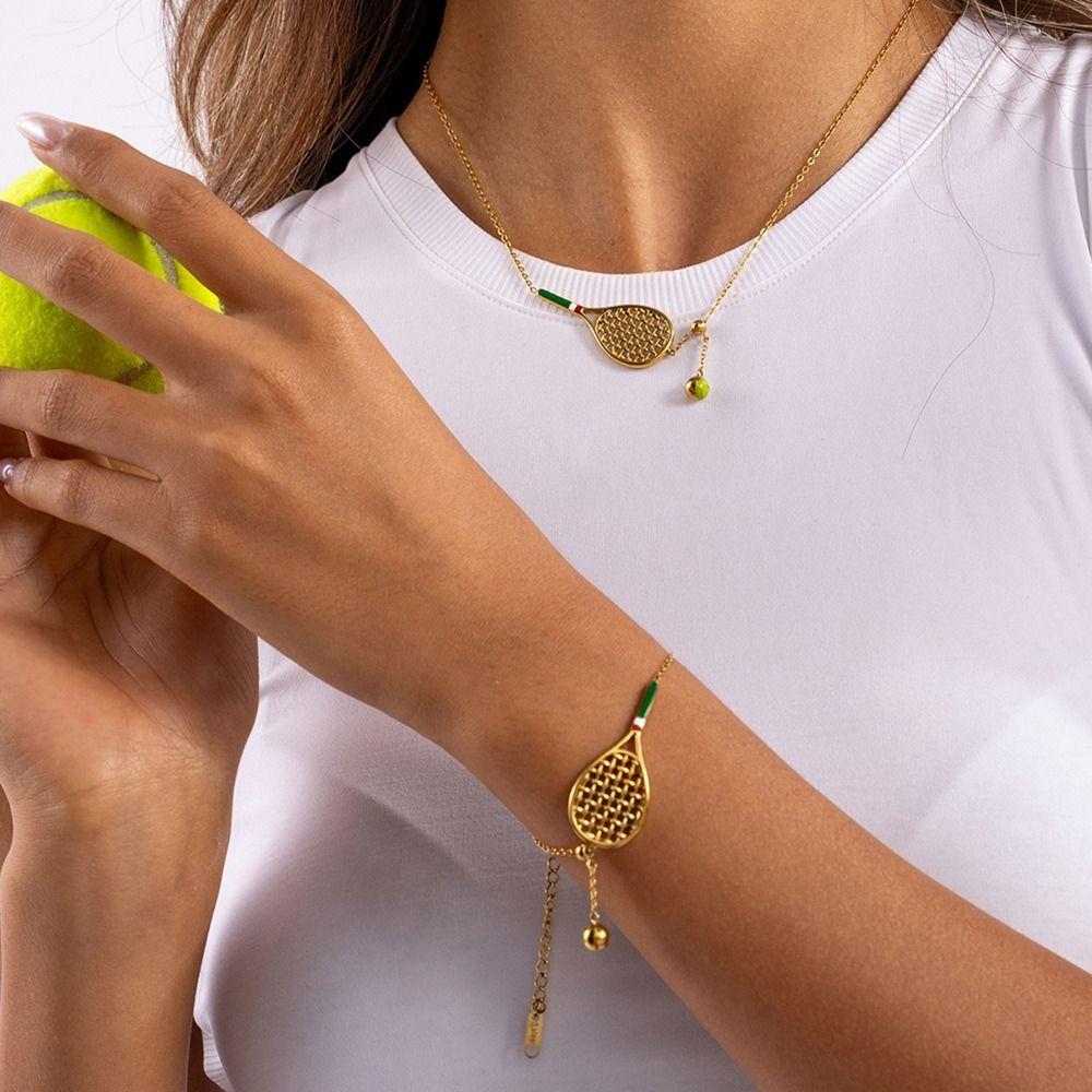 18K Gold Plated Tennis Racket Necklace Metal Chain Gold Clavicle Chain  Neck Jewelry