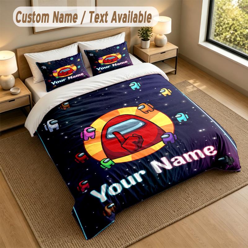 Custom Name Text Bedding 3Pcs Set,Among Us 1 Duvet Cover 2 Pillowcases Soft Bed Linen For Gift