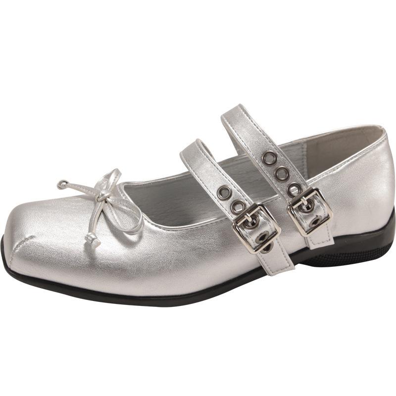Fashion double buckle belt women flats square toe bowtie mary janes shoes cute lolita shoes soft bottom loafers woman brogues flats