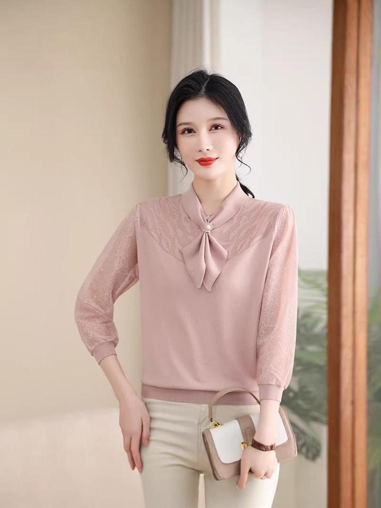 Stylish Spring Knit Gauze Sleeve Top for Middle-Aged & Elderly Women