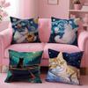 Van Gogh Starry Sky Kawaii Cat Pillow Case Plush Fabric Soft Double-Sided Printed Sofa Warm Winter Home Gift Cushion Cover
