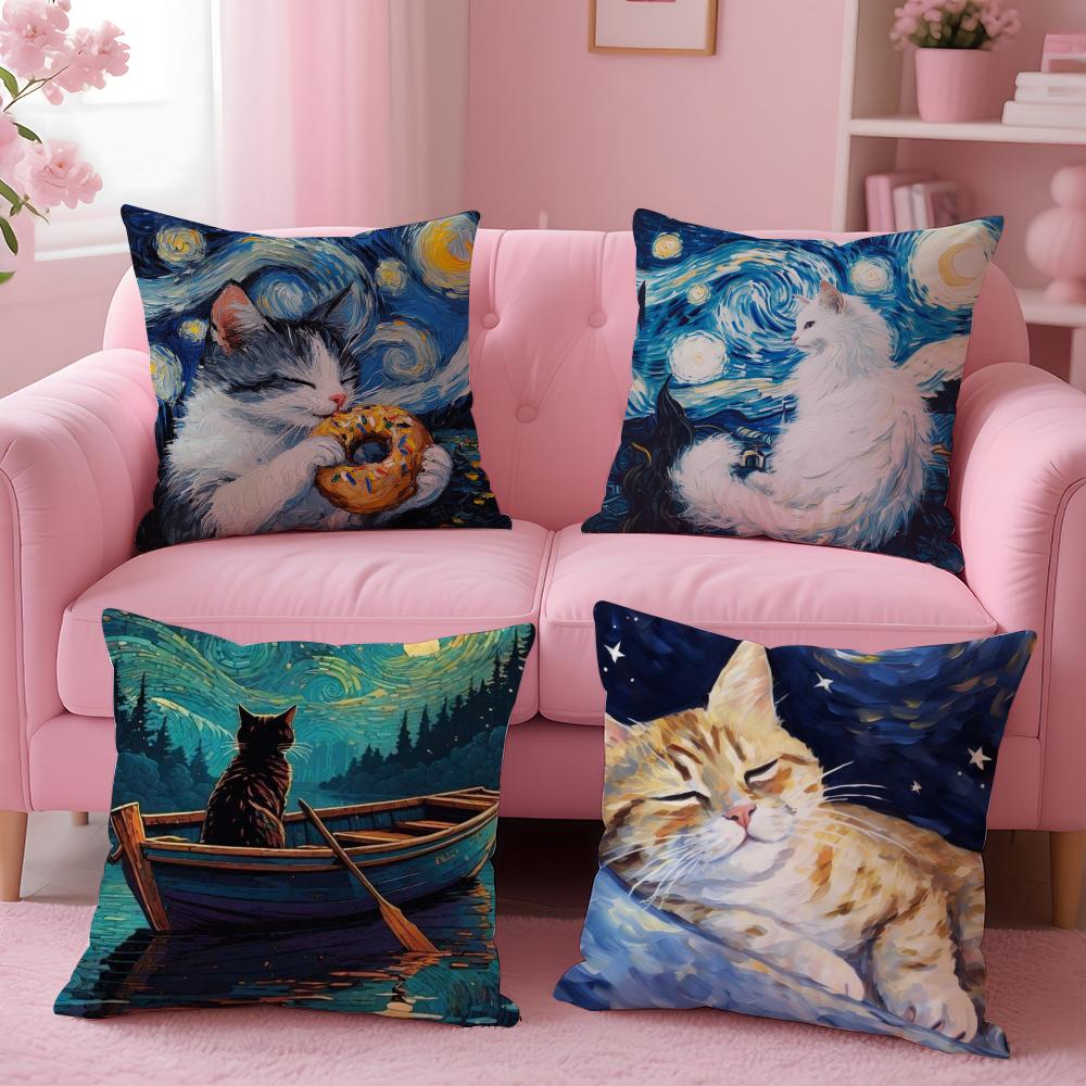 Van Gogh Starry Sky Kawaii Cat Pillow Case Plush Fabric Soft Double-Sided Printed Sofa Warm Winter Home Gift Cushion Cover