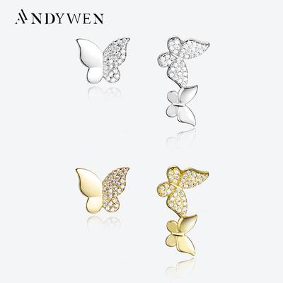 925 Sterling Silver Gold Butterfly Zircon CZ Stud Earring  Women Wedding Fine Jewelry