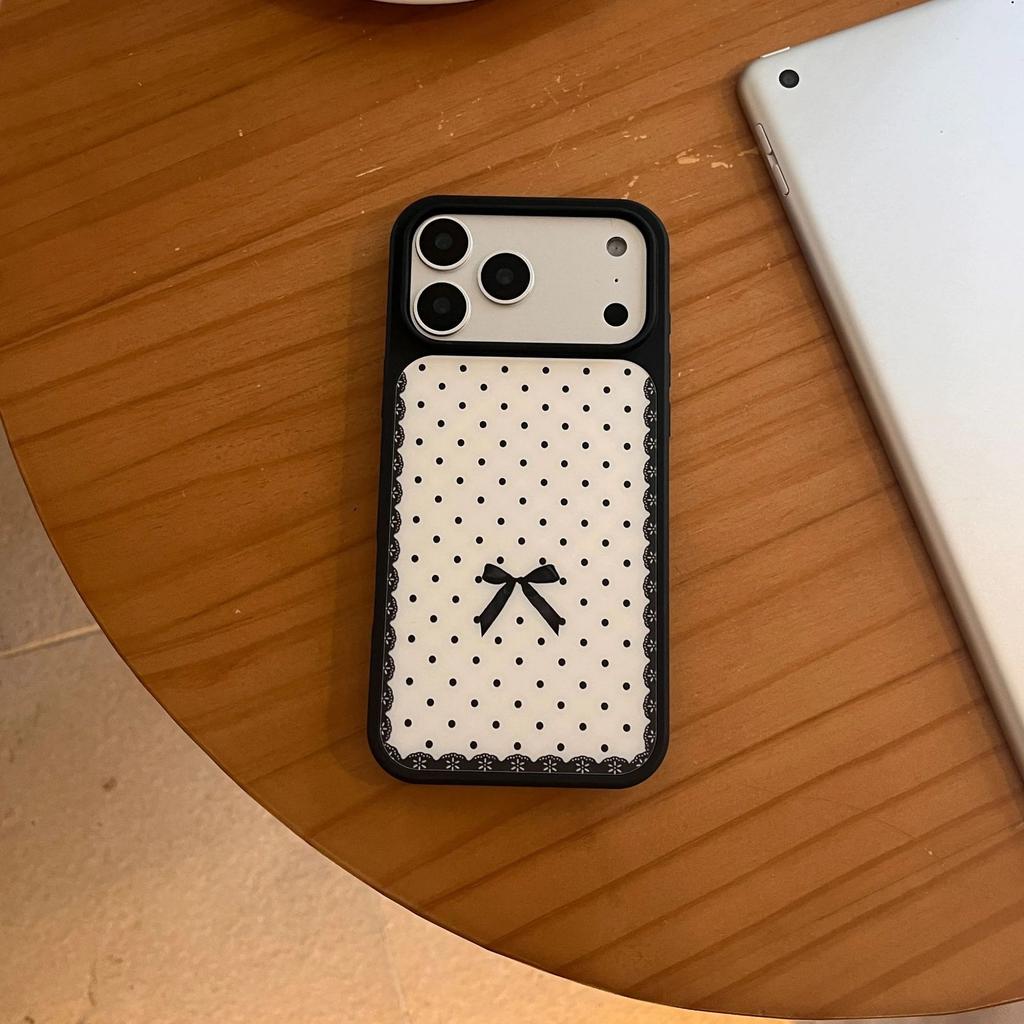 ins lace polka dot bow for Apple 16/17Promax mobile phone case IP15 matte PC14 niche 13