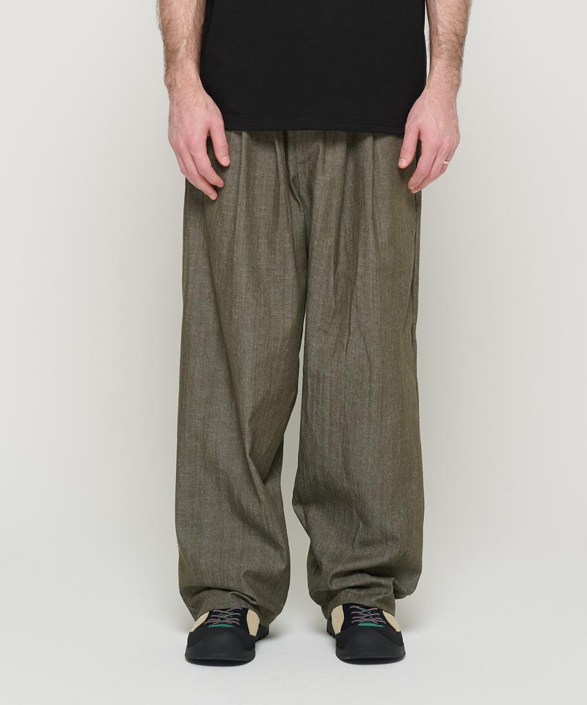 CARGOBROS Double-Pleat Linen Wide Elastic Pants (Khaki)
