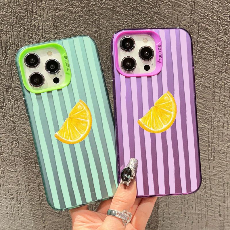Laser Phone Case For iPhone 16 Pro Max 15 14 Plus Pro Max 11 12 13 Mini Pro Max Cover Red Striped Lemon Pattern Shockproof Shell