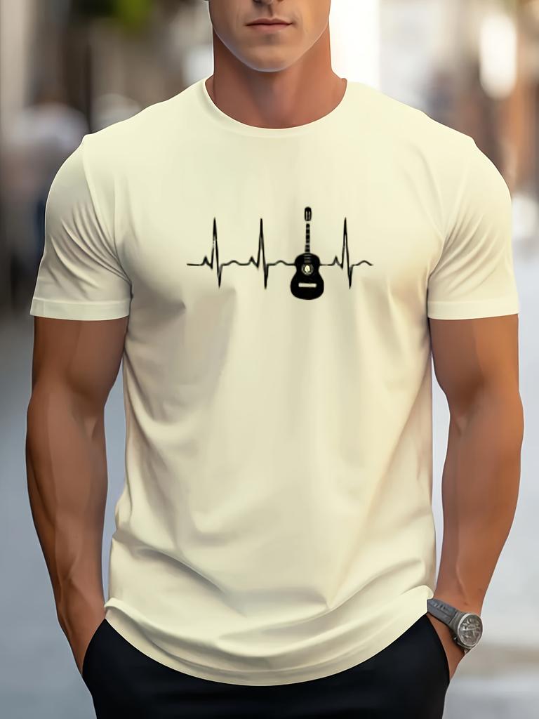 Men's Crew Neck T-shirt, Electric And Heartbeat Pattern Summer Top For Casual And Street Wear