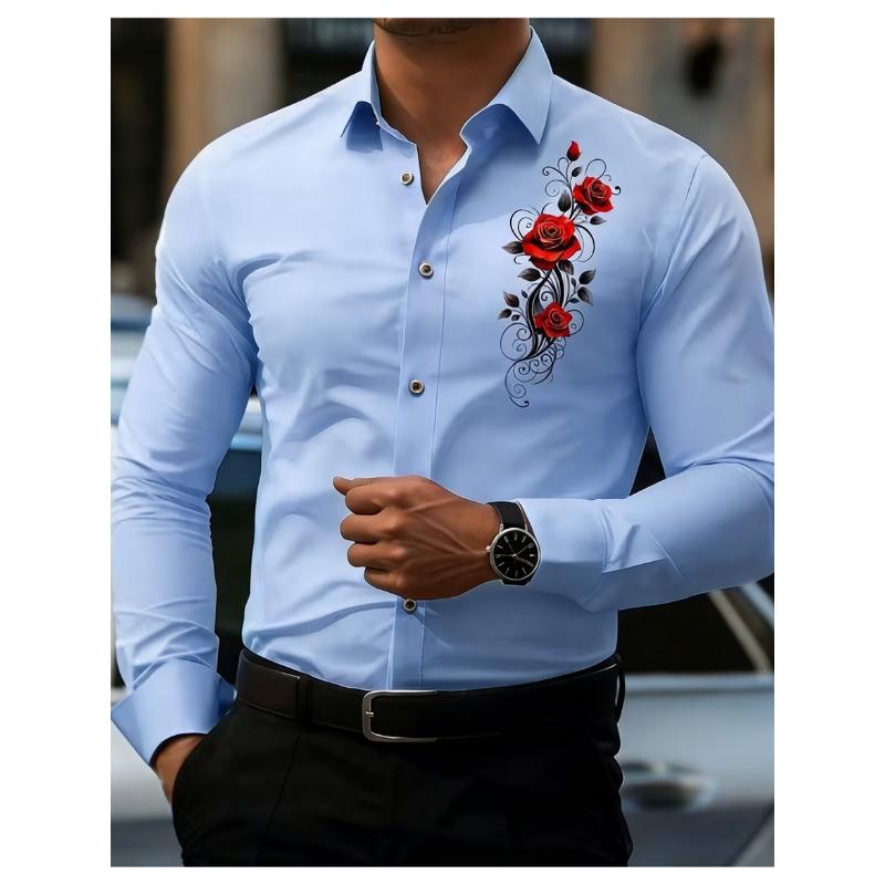Romantic Men's Fashion! Passionate Rose Printed Long-Sleeve Business Casual Shirt for Men